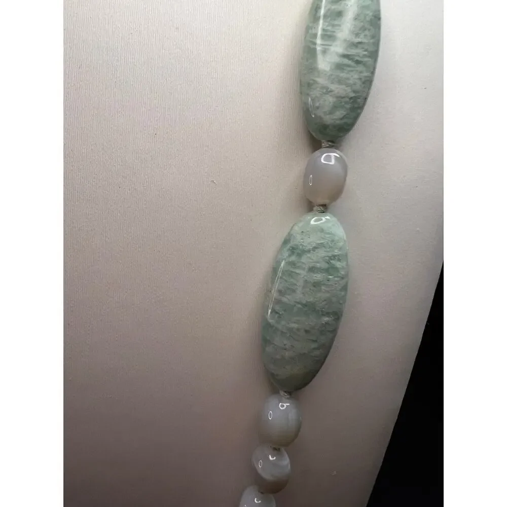 NEW dead stock amazonite , pearl multi stone sterling silver 30 inch necklace